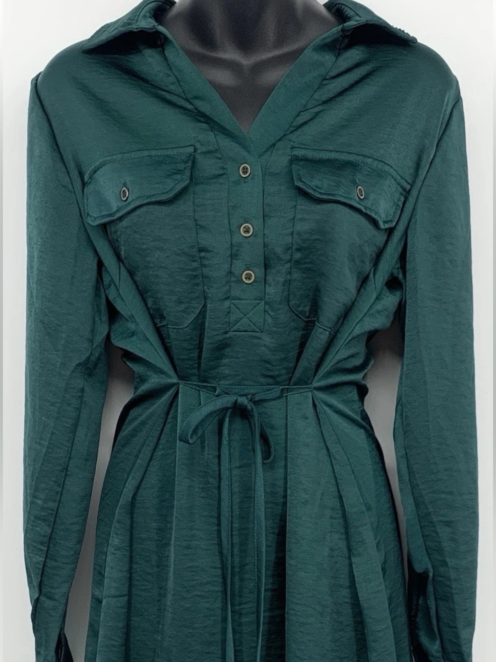 Lucky Brand Long Sleeve Satin Shirt Dress in Deep Teal